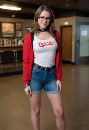 Nerd girl who is secretly a bimbo slut escort, cuffed jeans, tight band t-shirt, glasses, straight hair, shirt stretched by large perky breasts, converse shoes, loose cardigan, geek, dork, sexy, adorable, cute, nerdy, outcast, choker, leather cuffs, Nirvana, Weezer, grunge, alternative, in a dank dingy rock club, miller high life, pbr, sticky, smiling, whore, hooker