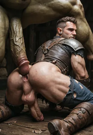 Masterpiece, gay sex scene, in fantasy world, higly detailed, 1 ugly orc fucking handsome blond human boy wearing torn and ripped medieval outfits, hardcore, ass destroyed, humiliated, asshole dilated, big cock, big booty, gay sex, creature, orc, <lora:Fantasy_world__XL:.6>, <lora:RPGOrcXL:.6>