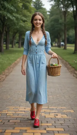 full body, 1girl, (dorothy, (wizard of oz), real girl, skinny, hair, (brown, long, two braids), light blue jumper dress, (short, no collar, cleavage), red shoes, happy), carrying 1picnic basket, walking, on a, (yellow brick road), trees, grass, hills, emerald city in the background, realistic, detailed, masterpiece, photo-realistic, real photography, hyper-realism, high quality