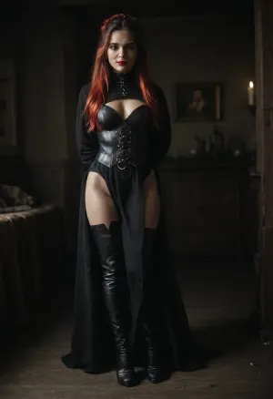 (photorealistic, photo realistic, photorealism, extreme realism, photo realism:1.8), (4k, 8k, 8k resolution, best quality, ultra quality, highest quality, maximum quality, uncompressed, raw source photograph:1.2), (detailed skin, high detailed skin, intricately detailed skin, perfectly detailed skin, high quality skin, highest quality skin, exquisitely textured skin), (intricate clothing, detailed clothing), (long hair in a messy bun framing her face, fiery red hair:1.3), (athletic body, sporty body, lean body, fit body, hourglass figure, massive ass), seductive standing pose, thick legs, natural lighting, (((thigh high leather boots))), gloves, belt, seductive smile, ((red lipstick)), smoky eyes, long black eyelashes, sexy, corset robe, in a, ((dark purple long dress with cut outs at the hip)), ((a robe with a hood)), chocker jewellery, gold earrings, front body view, eye contact, medieval witch, medieval bedroom, (((full body))), legs crossed, hands behind back, <lora:580159_training_data:.5>, <lora:dark:.5>