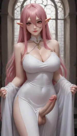 1girl, breasts, cleavage, dress, long hair, looking at viewer, smile, solo, pointy ears, blush, large breasts, red eyes, pink hair, very long hair, monster gir, mole, mole under eye, jewelry, hair between eyes, earrings, single earring, facial mark, side slit, slit pupils, tight dress, hobble skirt, tight clothes, dongtan dress, elf, ears, sousou, no, frieren, penis, futanari, erected penis, testicles, big testicles, penis under dress, the dress covers the penis, cum seeps through the fabric of the dress, <lora:milkers_v2:1.4>, <lora:sousouNoJayNL:.5>, <lora:209970_training_data:.5>