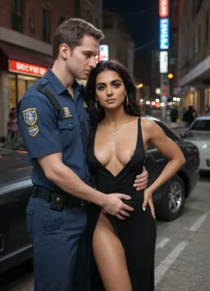 One woman and one man., (Indian woman:1.6), Megha, 20 years old, sultry, gorgeous, big eyes, shapely body, black satin dress, deep V neck, nip slip, long slit, glimpse of thong, frightened, standing outside her car., Man, Caucasian male, 30s, police uniform, tall, muscular, touching Riya's pussy., Police checkpoint, city, night.
