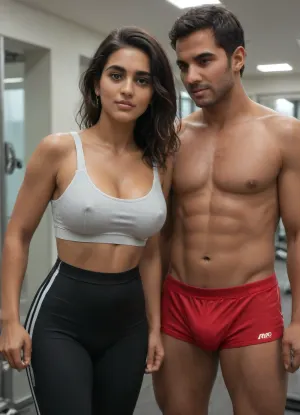 (1 male, 1 female), married, (Indian:1.6), housewife, Riya, and Hispanic fitness instructor, José, helping each other undress before showering together at gym, after intense training session, off peak gym time.
Riya, 20s, pretty, babe, tight gym outfit, big tits, camel toe, sweating, giggling. Fitness centre, after hours. High quality, ultraHD.
