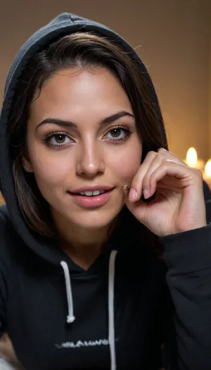 intimate front view of a naturally beautiful 21 year old Colombian woman, dark skinned, mixed race, mestizo, leaning forward, deep cleavage, small breasts, tiny tits, crawling towards camera, wink, winking eye, wearing a loose black hoodie, bending forward, crawling on elbows, crawling, finger on her lip, shush, shushing, realistic hands, dripping saliva, wavy hair, black hair, no makeup, hoodie is too big, the hood on her head, loose thick oodie, hood up, deep hood, thick clothes, baggy clothes, baggy cozy hoodie, hood on, detailed face, extremely detailed eyes, stunningly sexy, amazing nose, no underwear, no bra, deep shadows, biting her lip, piercing, cozy, extremely low light, bedroom, seductive, moody lighting, super deep cleavage, dark lighting, natural, super realistic, dark shadows, open mouth, seductive look, sexy as hell, smile, candle light, candles in the background, romantic, oodie, <lora:Low-key lighting Style:.5>