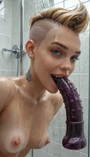 (She has medium undercut, one side shaved hairstyle blonde:1.5), in the shower, stuck a dildo on the glass and sucks it dildo, (in mouth), deepthroat dildo, horny smiling face