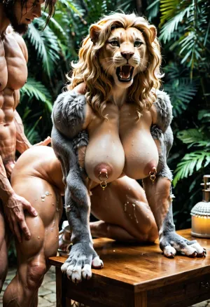 A stunningly beautiful very busty dumb 40 year old housewife getting fucked from behind on the breakfast table, blonde wavy hair, enormous boobs, miniskirt, formal blouse, pearl jewelry, high heels, rough sex, she has her head on the table, she is screaming, she is being held downA nude slim female lion with huge natural breasts, (pierced nipples), night, thick jungle, wide hips, big ass, dark fur, grey fur, huge shoulders, big muscles, abs, ripped, (((fur on arms, fur on legs, fur on skin))), on all fours, ((paws)), (full body view), feline_hybrid, furry, (huge erect futa cock), (huge penis), (erect), veins, pump, up, (paws for feet), (paws for hands), <lora:veins pump up lora.TA_trained:1.1>