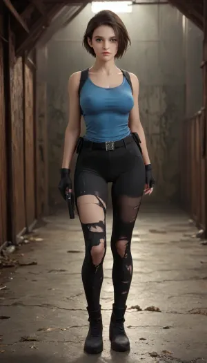 Jill Valentine, high-quality image, detailed, not blurred, full-length view, abandoned factory, night, 1 adult woman, 35 years old, ((torn dirty clothes)), blue sleeveless low-cut T-shirt, ((black torn leggings)), (underpants show through), gloves without fingers, a pistol holster and a police badge on his belt, blue eyes, strongly protruding nipples, black hair combed to one side, black military boots, Russian face, slightly enlarged lips, beautiful neat lips, wide hips, slender legs, Jill, woman, Valentine, <lora:JillRE1800:1.4>