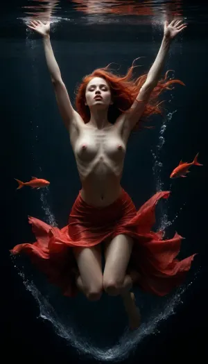 young woman flying underwater in the deepest sea abyss, 3/4 down view, topless, (excitement:.5), (pleasure:1.5), gorgeous small breasts, raised hands, very long beautiful legs, long very loose transparent red skirt flutters in the water, visible hips, very long bright red hair dissolve in water, lots of tiny red fish flying around her, dark tones, emphasis on red tones, (aquarelle painting:2), <lora:dark:.4>, <lora:add-detail-xl:1.5>