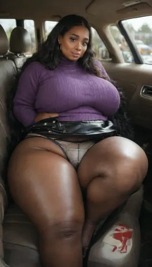 (Obese:1.3), (very large full fitting panties:1.6), Very chubby 21 year old indian woman sitting in a car, (long black straight hair:1.6), busty, (brown skin:1.6), slutty, (leather skirt:1.6), purple sweater, (fat legs:1.5), (pantyhose over briefs:1.6)