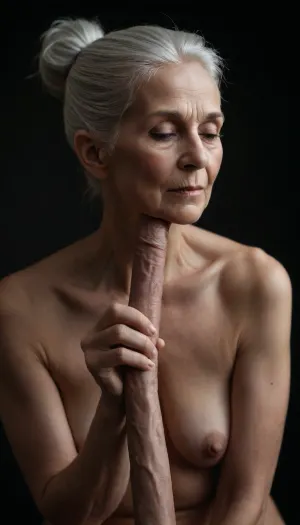 hyper realistic, hdr, high contrast, frontal view of a naked elderly woman with silver hair tight in a bun. she is looking down on a strangely shaped thin very long erect yet flexible fleshy penis she is holding in her hands. she has an aroused expression on her face and the light is soft and atmospheric