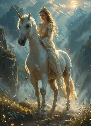 "Under a starlit sky, the shepherdess now sits gracefully on the back of the unicorn, her arms wrapped around its strong, ethereal body. Her sheer, flowing dress glistens under the silver moonlight, revealing glimpses of her silhouette. The unicorn, its spiraled horn radiating a celestial glow, gallops effortlessly across the misty hills, its hooves barely touching the ground. The wind lifts her golden hair as she tilts her head back, feeling the rush of freedom and magic. Stars twinkle above, and a trail of glowing dust follows them, leaving behind a vision of pure fantasy.", <lora:TQ_-_Beauty_and_Unicorn_XL-000006:1>, <lora:AnchemixReddressgirl-V1:.5>