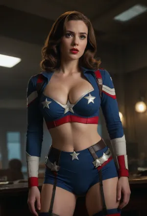 (female captain america), marvel, (captain america), straight hair, large boobs, (1940s setting), bottomless, upskirt
