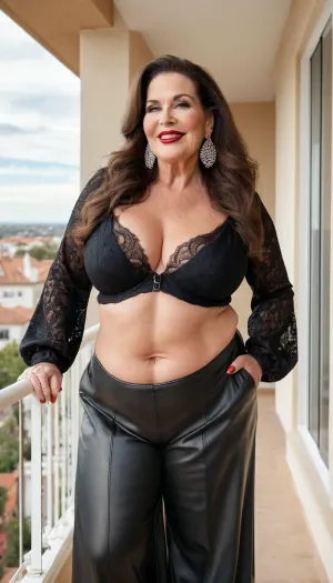 sexy granny mature, sexy 65 years old, brunette, long wave hair, fat ssbbw woman, thick body, huge culottes, shy smile face, big black eyes, wide jaw, long big chin, glamour, make up, hoop earrings, lipstick, at the balcony outside, very charming flirting, long sleeve lingerie blouse, tight leather pants