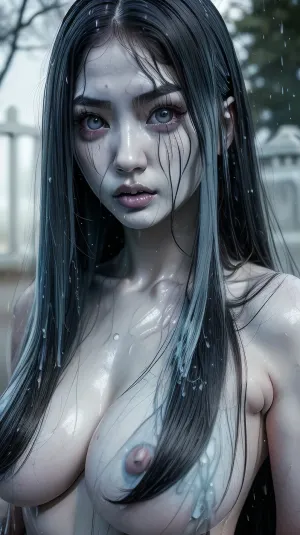One girl, sexy beautiful Sadako Yamamura, 18 years old girl, black long hair, gray eyes, (Medium build:1.3), (big breasts:1.3), detailed skin, (Pale blue skin:1.4), (hyperrealistic:1.5), sad, Posing for the viewer, (black veins:1.3), Close-up, They look at you with an alluring gaze, Gloomy atmosphere, cemeteries, graves, (wet:1.3), Monster, Style, Sadako, <lora:TheOnryoS-10v7:.7>