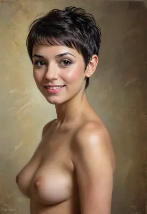 A medium close up portrait Classic academic oil painting depicting seductive smiling ironic 36 yo seductive Spanish Mexican Latino woman, ((Black)), (((pixie haircut))), (((nude))), ((high chest)), ((natural big boobs)), in style by John Singer Sargent, 3/4 shot over the shoulder shot, seamless suntan, volumetric light, dramatic cinematic light, masterpiece, <lora:oil painting:.4>, <lora:great_lighting:.4>