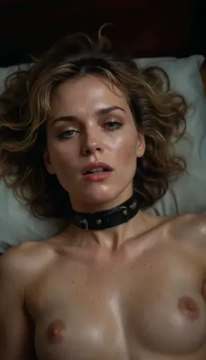 a woman, a prostitute, 35 years old, a wide square face, dirty disheveled hair, she is being held by force, a collar, worn out, lying on her back, after being raped, covered in semen