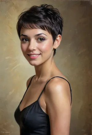 A medium close up portrait Classic academic oil painting depicting happy ironic 36 yo seductive Spanish Mexican Latino woman, ((Black)), (((pixie haircut))), in style by Rembrandt, 3/4 shot over the shoulder shot, seamless suntan, volumetric light, dramatic cinematic light, masterpiece, style by John Singer Sargent, <lora:oil painting:.4>, <lora:great_lighting:.4>