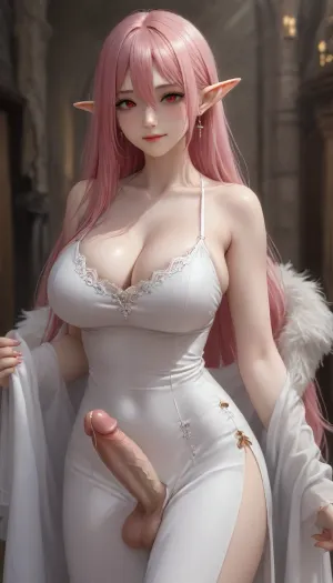 1girl, breasts, cleavage, dress, long hair, looking at viewer, smile, solo, pointy ears, blush, large breasts, red eyes, pink hair, very long hair, monster gir, mole, mole under eye, jewelry, hair between eyes, earrings, single earring, facial mark, side slit, slit pupils, tight dress, hobble skirt, tight clothes, dongtan dress, elf, ears, sousou, no, frieren, penis, futanari, erected penis, testicles, big testicles, penis under dress, the dress covers the penis, cum seeps through the fabric of the dress, <lora:milkers_v2:1.4>, <lora:sousouNoJayNL:.5>, <lora:209970_training_data:.5>