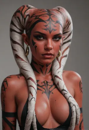 Uber realistic, 8k, ultra detailed, masterpiece, (beautiful_face:1.5), (darth_talon:1.5), star wars, (twilek:1.5), (red_skin:1.5), bald, (large_breasts:1.5)