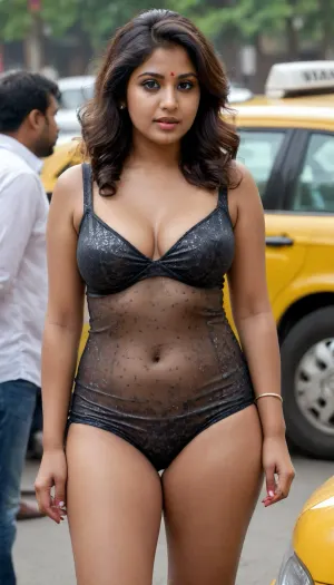 One 28 years old beautiful sexy shameless hot provocative Indian bengali wife, messy hair, perfect curvy figure, enormous boobs, black eyes, round butts, round butt, thick thighs, wearing very tiny skintight shiny reflective printed transparent stain Chinese blouse and seethrough chiffon tiny shorts with high side slits with pump shoes smoking cigarette with mumbai taxi drivers at a crowded taxi stand, arguing with a crowd of taxi drivers standing among them, view from side back