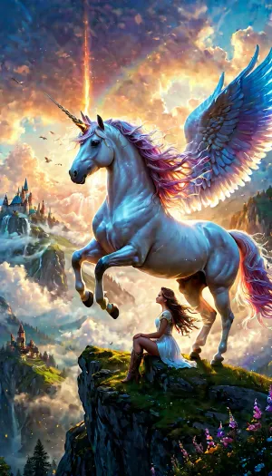 ((a girl facing away looking at majestic realistic unicorn)), ((the unicorn is flying in air with large wings)), ((the girl has a magical glowing staff)), (sitting in atop a misty hill with a horse with horn on its head), center opening, official art, extremely detailed CG unity 8k wallpaper, perfect lighting, Colorful, Bright_Front_face_Lighting, shiny skin, (masterpiece:1), (best_quality:1), ultra high res, 4K, ultra-detailed, photography, 8K, HDR, highres, (absurdres:1.2), Kodak portra 400, film grain, blurry background, (bokeh:1.2), lens flare, (vibrant_color:1.2), professional photograph, (beautiful_face:1.5), cinematic, great shading, moody lighting, cloudy weather, (by Hope Gangloff:1), perfecteyes, <lora:lora-sdxl-perfect-eyes:.5>, <lora:add-detail-xl:1>, <lora:Vivid Midjourney mimic - XL SDXL v2.0:.5>, unicorn, <lora:unicorn_xl_v1:.5>, <lora:detailed_notrigger:.5>