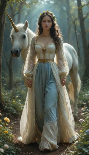 Una noche de encanto: una pastora francesa del siglo XIV y su unicornio blanco bajo el resplandor de la luna llena