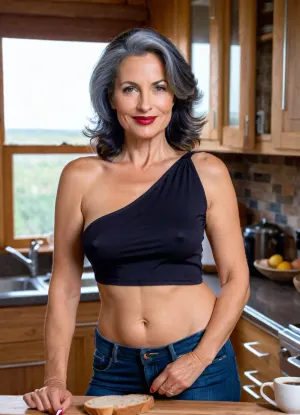 beautiful sexy slender 42 year old Woman, Black/grey hair, detailed Face, high quality Face, lipstick, milf curvy, Smiling at me, 35mm picture, 8k, braless, Wearing, clothes, that, make, sense, with, Braless>, <lora:bralessSDXL_v1_00022:.5>, Hot day, in my cozy Wood kitchen, coffee, bread, breakfast, (((the top slipped off one shoulder))), full body view