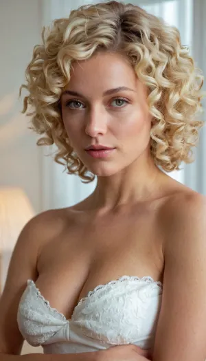 Shaten, (light blond hair), girl with a lot of curly short hair on the head and Medium sagging breasts. Saggy breasts. She is dressed in a white pulldress with a lot of sexual interest toward the viewer.