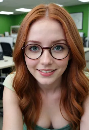 POV missionary sex, beautiful cute slender 18 year old woman, long red hair, wearing big round glasses with thin frames, bare breasts, green eyes, smiling, in an office, (vagina)