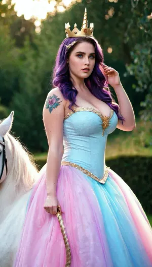 Twilight, cute curvy 19 years old British girl riding a unicorn with horn, amazing pastel colour dress, big detailed eyes, crown in head, big breast, 3/4 body, heavy abs, tattoo, (zoom in:1.4)