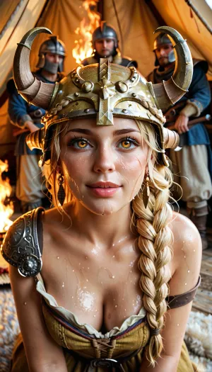 Norwegian woman, beauty, beautiful facial features, expressive cheekbones, blonde hair, long golden hair in a braid, girl with a Dovahkiin helmet, helmet from the game Skyrim, girl on a rug near a fire, in a tent with men, sweaty, big natural tits, war paint on her face, the girl is excited, cozy medieval atmosphere.