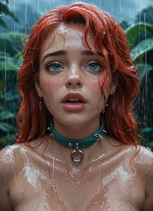 Redhead resembling Ariel from The Little Mermaid, fucked by Prince Eric on the deck of a galleon, rainy day, wet body, hands tied behind back, slave collar, red hair, detailed background