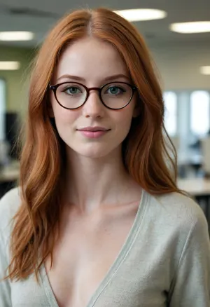 beautiful cute slender 18 year old redhead woman walking naked, long hair, wearing big round glasses with thin frames, green eyes, smiling, in an office, side view