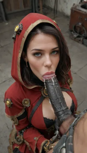 Dark industrial background, steampunk, (heavily augmented body, sexy robot, steampunk cyborg, bronze robotic body, tech priestess giving the imperial inquisitor a blowjob), strands black hair from under a red hood, (enormous metal boobs), long red robes with lots of cleavage, electronics attached, cybernetic limbs, Warhammer cybernetics in face and boobs, (very close cleavage view from above), blowjob, Mechanicus, woman, cum, on, art, by, mooncryptowow, <lora:mechanicum:.8>, <lora:Mechanicus-000005:.7>, <lora:JustCum:.7>, <lora:WowifierXL-V2:.8>