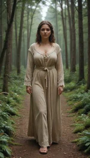 beautiful curvy peasant woman, 40 year old, in simple peasant clothes walking through the forest, holding a candle in front of them, at arm's length. The candle shines brightly, illuminates the dense thicket far away, the forest is dense, old, dark, and immediately becomes impassable from the edge. The candle picks out crooked trunks and branches from the darkness, and in its light, ancient forest monsters with moss-like beards, gnarled fingers, wrinkled bodies, and bowl-shaped eyes that glowed yellow in the darkness can be seen behind the trees. They try to grab the woman by the hem of her dress, cling to her hair, entangle her legs with roots, but the woman goes forward, past the driftwood, past the small, nimble creatures that ran across her path, past the creeping reptiles., ral-mytfrst, <lora:ral-mytfrst-sdxl:.5>