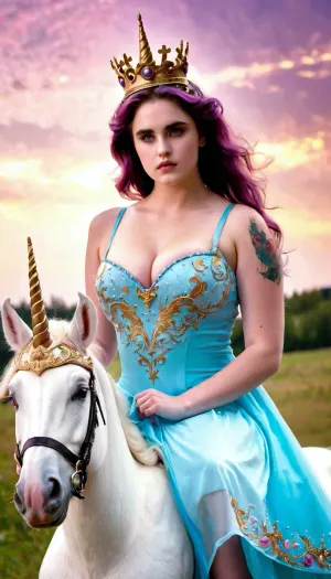 Twilight, cute curvy 19 years old British girl riding a unicorn with horn, amazing pastel colour dress, big detailed eyes, crown in head, big breast, 3/4 body, heavy abs, tattoo, (zoom in:1.4)