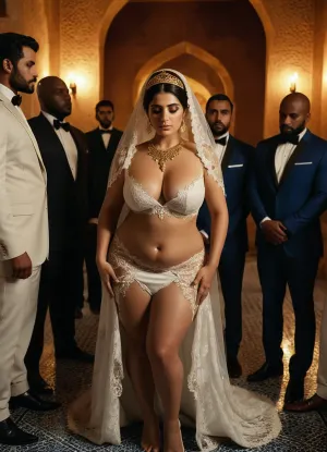 "Modern curvy Iranian wedding ritual, submissive Iranian bride in sheer white lace gown and veil, golden crown, surrounded by powerful Black men in suits, their muscular bodies claiming the bride, naked servants preparing the bride’s body, powerless Iranian groom in the corner, watching in humiliation, helpless, unable to act, Persian villa with blue tiles, gold decor, candlelit shadows, golden accents, bride claimed by others, groom in sorrow and shame, all eyes on the bride as symbol of lust and power"