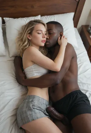 Blonde girlfriend, 18 yo, Blue eyes, mini skirt, White top, sleeping in bed, hugging giant black naked man, interracial giant black cock Is visible, black cock under the skirt