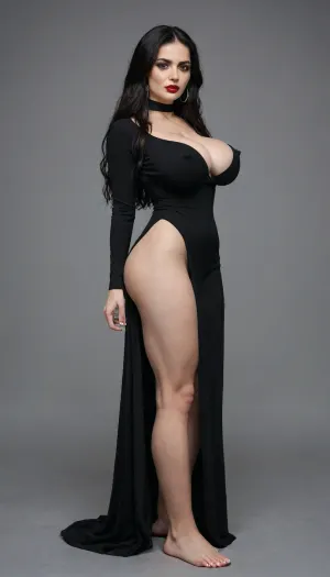 Morticia Addams, 30 years old, extremely long black hair, hair extensions, red lipstick, thick full lips, tight black dress, goth dress, long sexy leg showing in a slit in the dress, form fitting black dress, tiny waist, massive cleavage, erect nipples, bubble butt, full body view, ankle-length hair, super long hair, luscious hair, straight hair