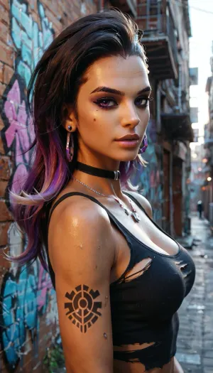 score_9, score_8_up, score_7_up, score_6_up, score_5_up, score_4_up, source_anime, 1girl, Sombra from Overwatch, ((looking at viewer)), sexy pose, (torn clothes), (tattoo), fingerless gloves, tank-top, choker, necklace, bracelets, graffiti, urban environment, detailed background, alley, upper body, close-up, [from the side]