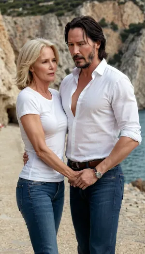 A, ((55 year old woman)), in tight jeans and white T-shirt, blond, middle bob cut, and one 45 year old men similar Keanu Reeves pressed close together, on stone path by the sea in a place on the Adriatic Sea, touching wach other, a man gently grabs a woman under the breast, extra Details, pokies, photorealistic, Focus, full Body, skin details, looking very realistic, masterpiece, revsitting, revstanding, <lora:revsex_SDXL_1_:.5>