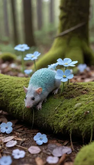 ** Forest microecosystem, ** Hyper-realistic microcosm of * * a decomposing mouse corpse * * lying among * * moss litter* * and * * fallen leaves**, **delicate flowers** — **purple violets** and **white anemones** with **drops sprouting from its * * decayed belly** dew * * on the petals, * * mouse fur* * is covered with * * frost mold * *, (turquoise and gray shades), * * bones * * barely show through * * translucent flesh**, **surrounding moss* * is intertwined with * * thin roots** of plants, * * light* * breaks through * * a canopy of young birches**, creating * * an HDR contrast** between * * the warmth of decay** and * * the chill of morning haze**, * * 8K ultra-details**, * * wool lint**, **petal texture**, **glitter slime* * on * * rotting debris**, * * rusty patches** on * * bark* * nearby, * * ray tracing* * for * * volumetric fog** and * * realistic glare * * on * * dew drops**, **lossless PNG format** preserves * * micro-contrasts* * between * * the tenderness of flowers* * and * * the gloom of decay**, nature turns a small death into * * a fragile symbol of the eternal cycle**.
