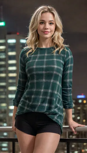 half body, 3/4 view portrait of a girl with black wavy hair, blonde hair, side view, tiny boobs, black pants, green plaid oversize tunic, facing side, city lights, 4ng3l, face, view from top, looking at viewer, smiling, thick fat legs, athletic muscular body, heroic pose, <lora:SDXL_BetterFaces-LoRA_v1:.5>