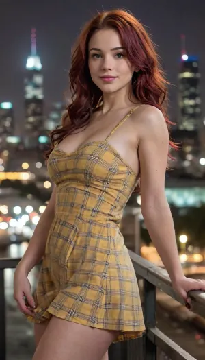 half body, 3/4 view portrait of a girl with black wavy hair, red hair, side view, tiny boobs, yellow plaid oversize sundress, facing side, city lights, 4ng3l, face, view from top, looking at viewer, smiling, thick fat legs, athletic muscular body, heroic pose, <lora:SDXL_BetterFaces-LoRA_v1:.5>