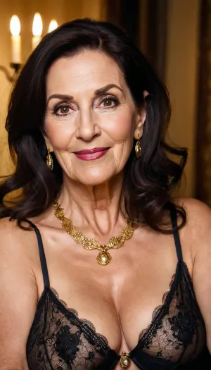 old granny mature, sexy 75 years old granny, dark brunette hair, medium hair, glamour, big hoop earrings, necklace, big black eyes, chubby, very tiny small saggy tits, gold necklace, looking at the camera, cute sexy smile face, long sleeve lingerie, charming, very hot and horny, seduction horny, old sexy horny granny, dark brunette, selfie