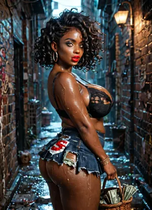 a chubby dark-skinned african woman with big cleavage and big round ass and voluptuous figure has black curly hair and red lipstick. her makeup is ruined and she has tears on her face. she is wearing a sexy blouse, lot of money in her bra. Her ripped micro-skirt that is completely wet. the chubby dark-skinned african woman is in a dark alley in the middle of the night.