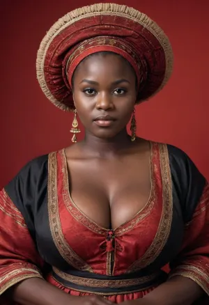 black, african, buxom, full, bbw, woman, traditional ukrainian clothes, looking at viewer, simple red background, fantasy, 1760s style, technicolor, film grain, ugandan