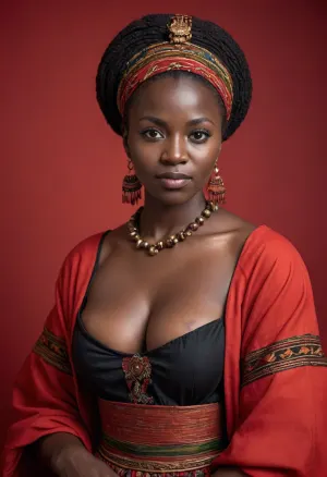 black, african, buxom, full, well-toned, milf, traditional ukrainian clothes, looking at viewer, simple red background, fantasy, 1760s style, technicolor, film grain, ugandan