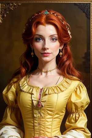 redhead, thin, milf, medici, traditional italian clothes, looking at viewer, simple yellow background, fantasy, 1760s style, technicolor, film grain, italian