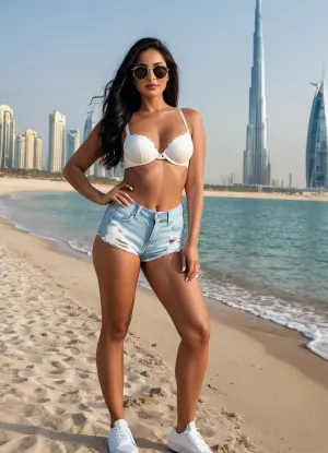 full body photo of a 36-year-old sexy Instagram model, ((Perfect body), (165cms height), (proportionate body), (Curvy body:1.15), (36A cup Small breasts:1.15), (32inches waist:1.15), (36inches hips:1.15), (thick thighs:1.15)), ((Perfect face), (long black hair), (dusky skin tone)), ((wearing solid white color bra), (Wearing a sheer white color top over her bra), (Wearing blue color ripped denim shorts, wide leg shorts), (wearing sunglasses), (Wearing black Sneakers)), posing at Marina beach, Dubai skyline in background